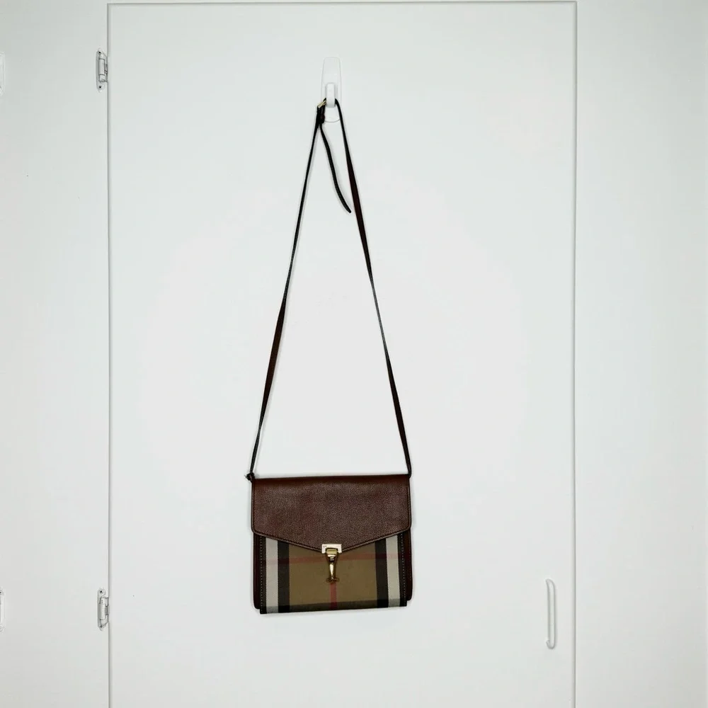 BURBERRY Derby Calfskin House Check Small Macken Crossbody Bag Tan